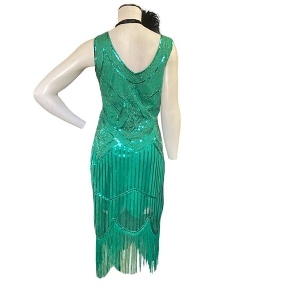 Flapper Roaring 20s Cosplay Costume Dress & Headdress Sz M Green 169C - Picture 8 of 10